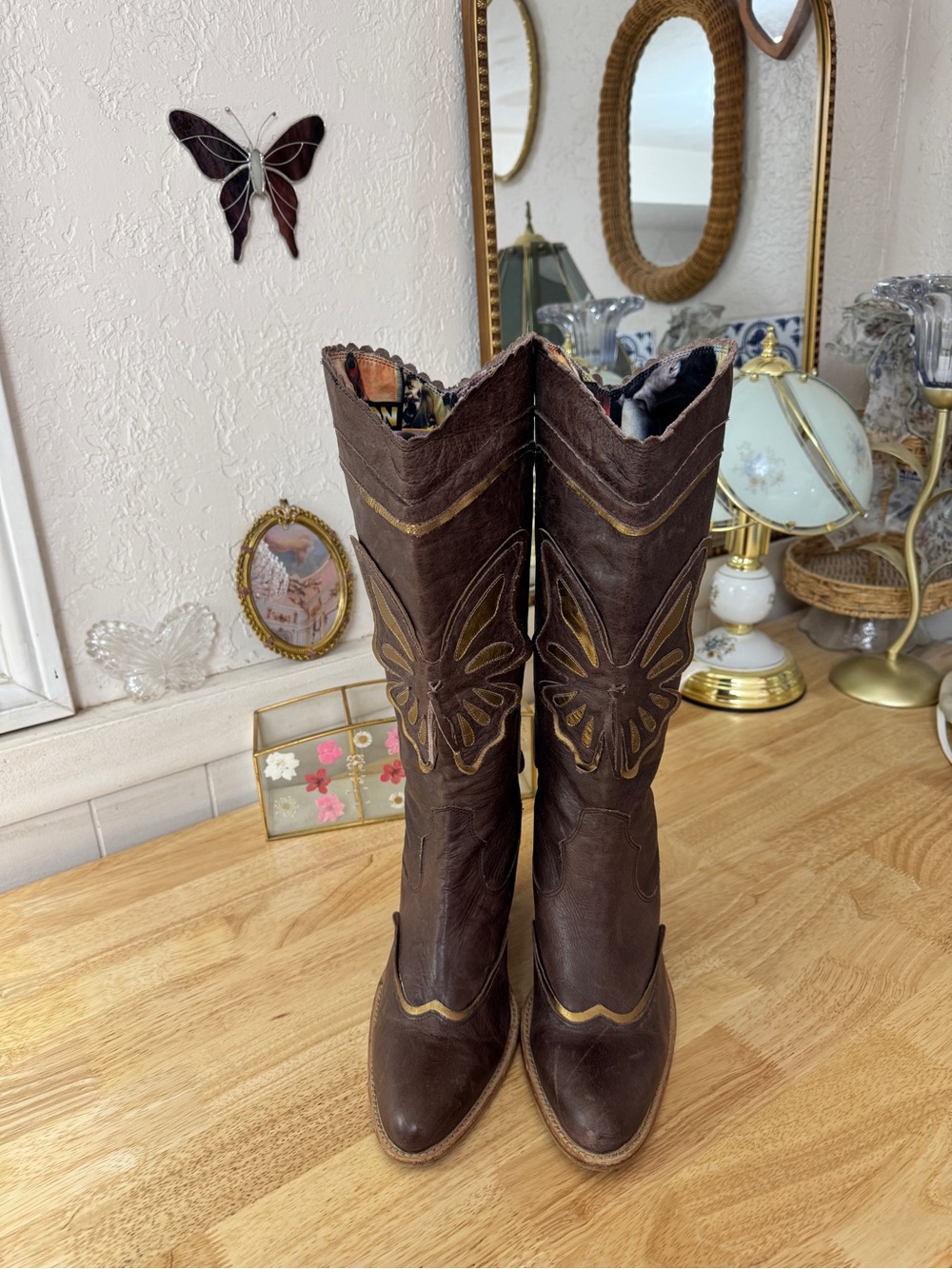 Whimsical Reclaimed Vintage Brown Leather Butterfly Western Cowboy Boots Size 10